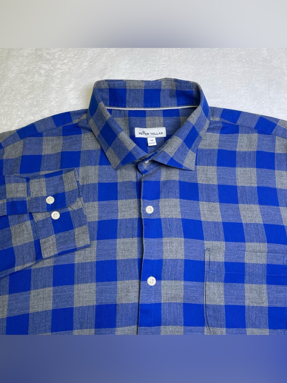 Peter Millar Mens XL Blue Grey Buffalo Plaid Check Cotton Long Sleeve Shirt